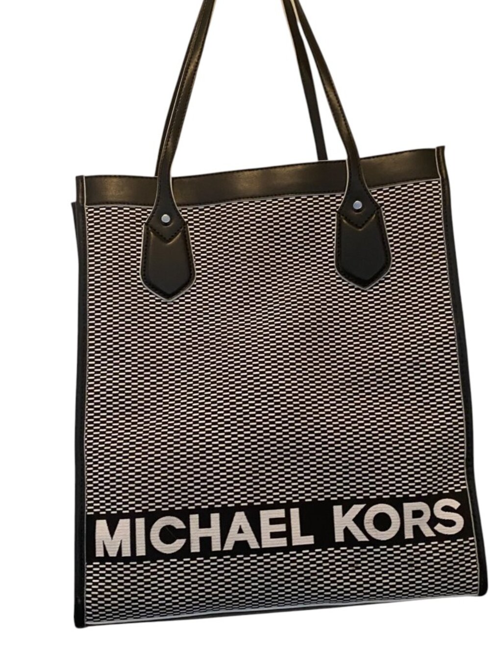 Michael Kors BAY Shopping Tote Black and White Bag Woven Canvas Leather Purse